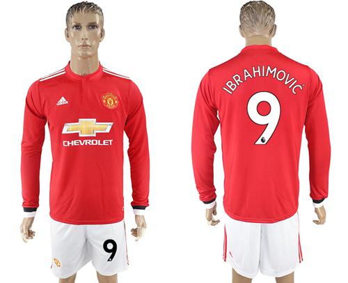 Manchester United #9 Ibrahimovic Red Home Long Sleeves Soccer Club Jersey - Click Image to Close